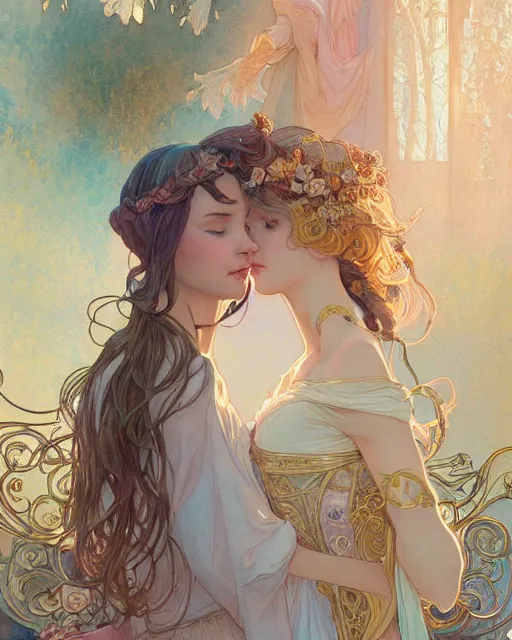 Image similar to secret romance, highly detailed, gold filigree, romantic storybook fantasy, soft cinematic lighting, award, disney concept art watercolor illustration by mandy jurgens and alphonse mucha and alena aenami, pastel color palette, featured on artstation