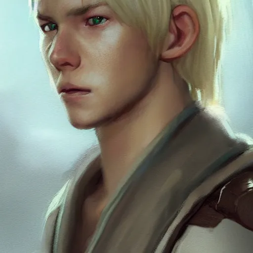 Image similar to a young blonde male jedi with short hair looking away at a threat full body shot concept art by Doug Chiang cinematic concept art, realistic painting, high definition, digital art, matte painting, symmetrical, very detailed, realistic, dramatic lighting, cinematic, establishing shot, extremely high detail, photo realistic, cinematic lighting, post processed, concept art, artstation, matte painting, red color scheme