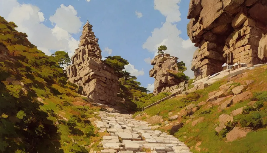 Prompt: scenic rocky path leading to a massive temple built at the side of a mountain, hyperdetailed, artstation, cgsociety,by studio ghibli painting,by Joaquin Sorolla rhads Leyendecker, by Ohara Koson and Thomas, 8k