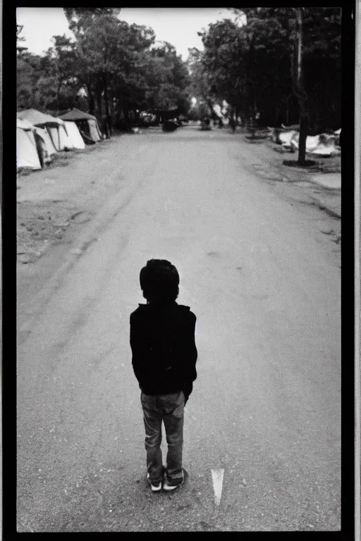 Image similar to photo polaroid of a sad and lonely child in the middle of a small street where there are tents of field hospitals all around, pandemic, loneliness, black and white ,photorealistic, 35mm film,