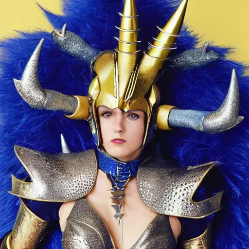 Image similar to a woman in elaborate blue and gold armor with spiked horns on her helmet, cosplay, photoshoot, photograph by Bruce Weber