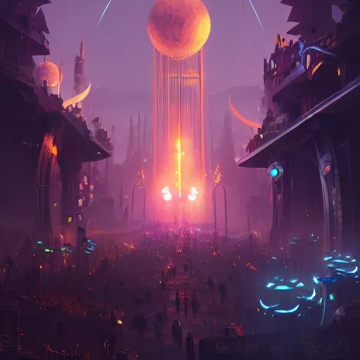 Prompt: gigantic clockwork city, nighttime festival, crowded streets, high fantasy, 8 k, digital art, concept art, artstation, by sylvain sarrailh, dominik zdenkovic, and quentin mabille