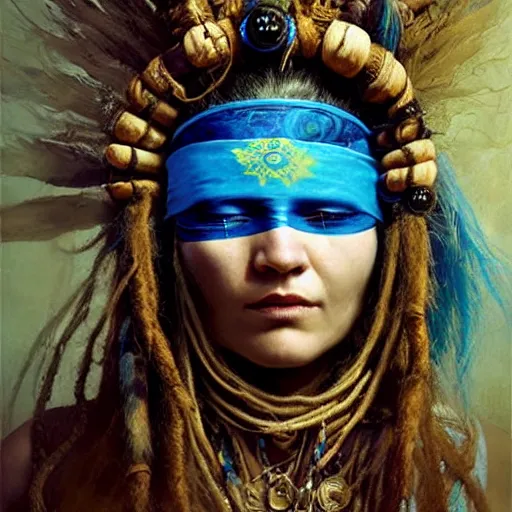 Image similar to A blindfolded shaman woman with a decorated headband, in the style of heilung, blue hair dreadlocks and wood on her head, atmospheric lighting, intricate detail, cgsociety, ambient light, dynamic lighting, art by karol bak