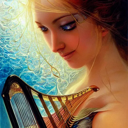 Image similar to a beautiful harp manipulating water by karol bak, ayami kojima, artgerm, river, water, blue eyes, smile, concept art, fantasy