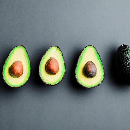 Image similar to four avocados in a row, studio photography, professional photograph, white background, studio lighting