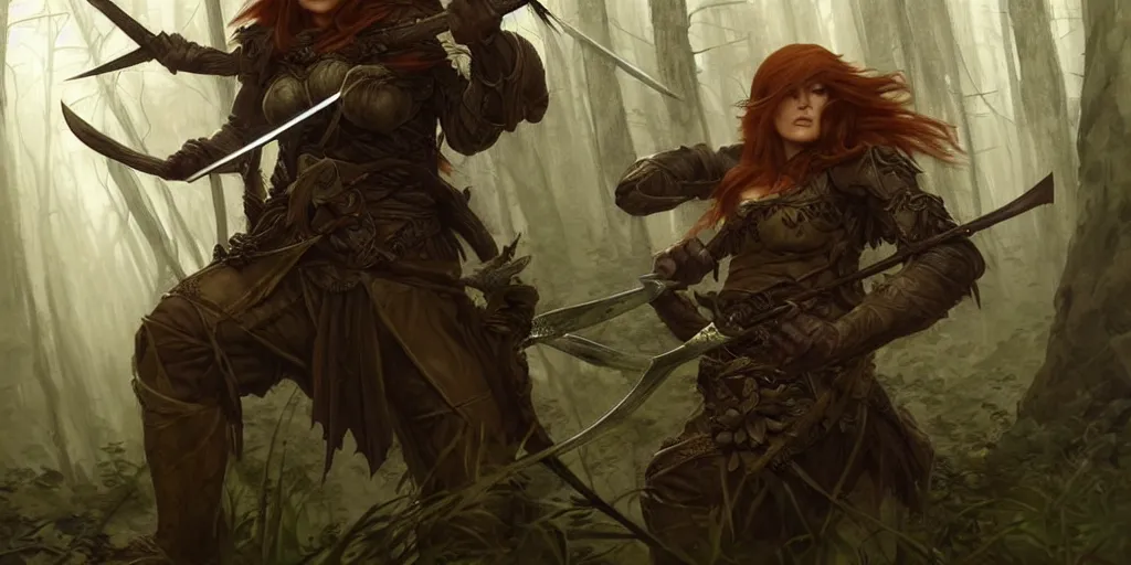 Prompt: wood elf ranger with eye patch with long auburn hair wearing dark brown leather armor using a glaive to battle a stone troll in an ancient, mysterious forest at dusk, fantasy, intricate, elegant, highly detailed, digital painting, artstation, concept art, matte, sharp focus, illustration, art by roberto ferri and greg rutkowski and alphonse mucha