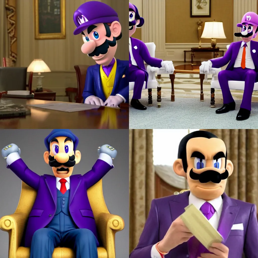 Image similar to Nintendo Waluigi sitting menacingly and powerfully in a chair as Francis Underwood in House of Cards