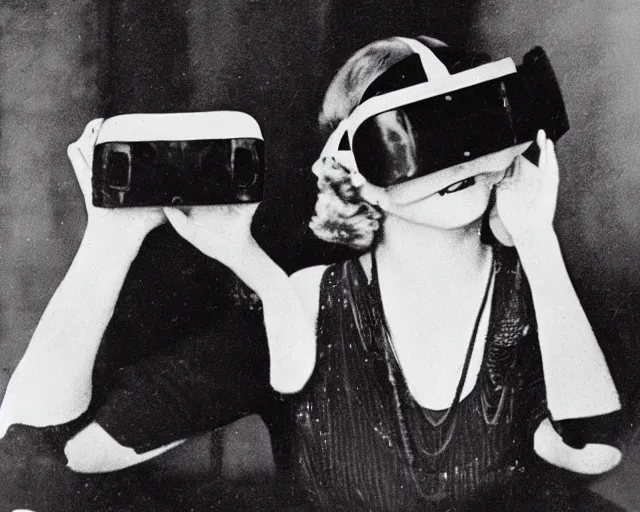 Prompt: 1 9 2 0 s photo of a flapper girl wearing a vr headset on a stage in a speakeasy