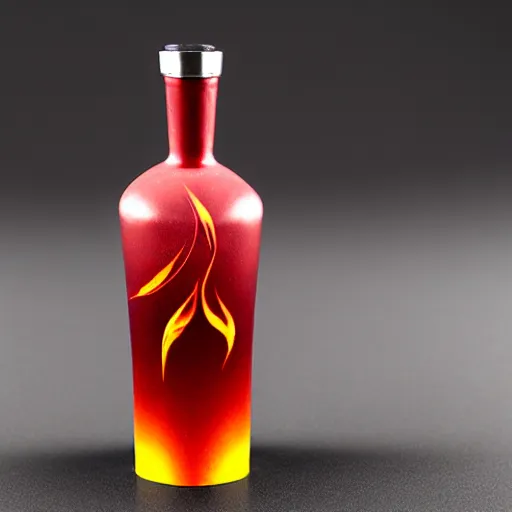 Prompt: a photo of a vodka bottle with minimalistic flame fire designs in a plique - a - jour enameling technique, 5 0. 0 mm