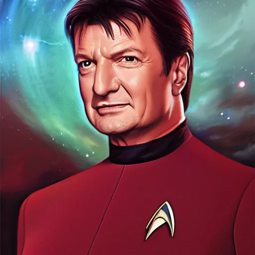 Image similar to A portrait of Nathan Fillion in a starfleet uniform, on the set of Star Trek Voyager, highly detailed photorealistic, unreal 5, hugh definition, 8k, deviantart, donato giancola, oil painting