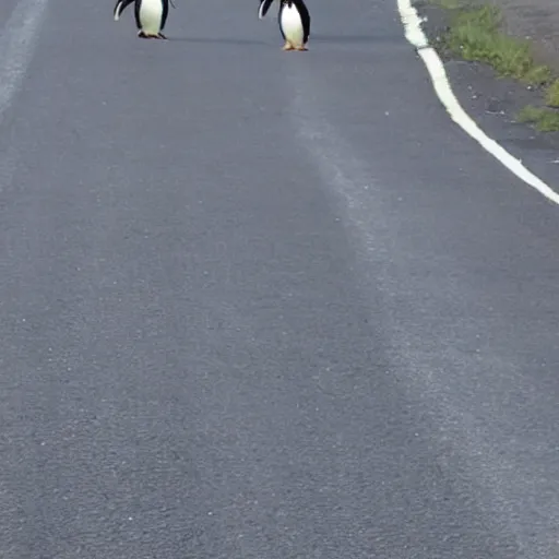 Prompt: penguins walking across the road