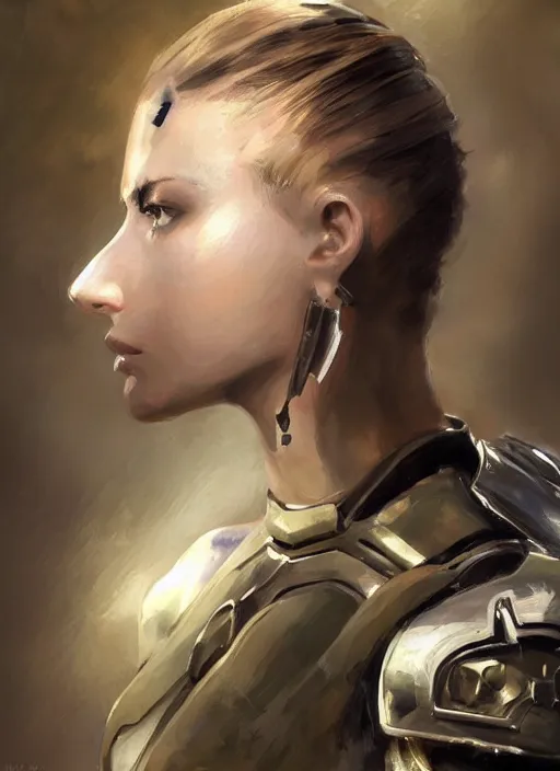 Image similar to a professional painting of a beautiful young female, clothed in military armor, olive skin, long dark hair, beautiful bone structure, symmetrical facial features, intricate, elegant, digital painting, concept art, smooth, sharp focus, illustration, from Metal Gear, by Ruan Jia and Mandy Jurgens and Artgerm and William-Adolphe Bouguerea