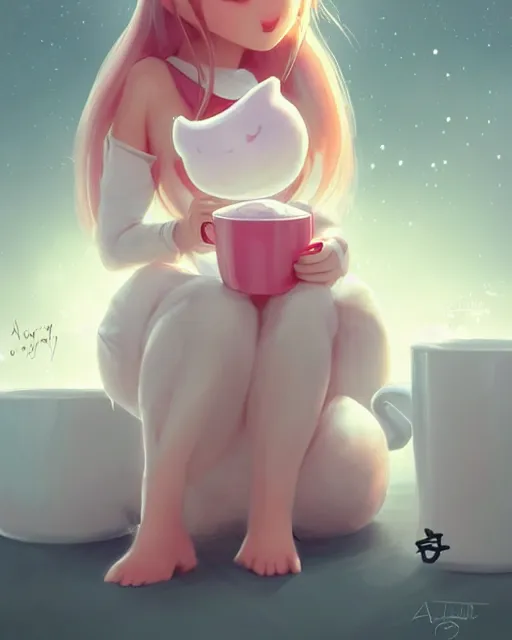 Prompt: concept art of a marshmellow girl creature, sitting in a cup of hot cocoa | | cute - fine - fine details by stanley artgerm lau, wlop, rossdraws, and sakimichan, trending on artstation, brush strokes