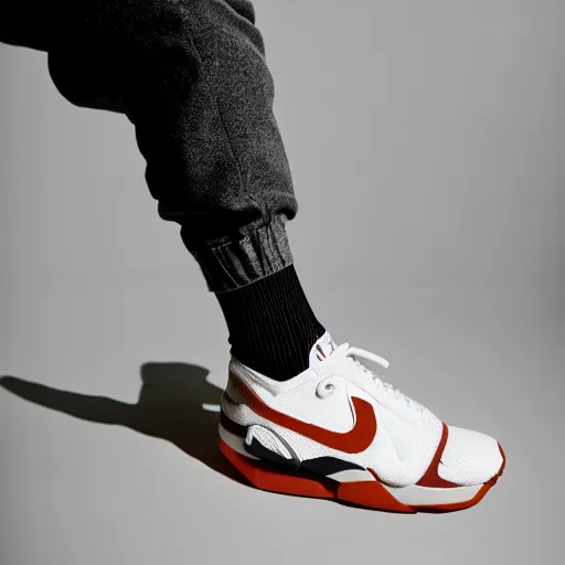 Prompt: a studio photoshoot of Nike air running sneakers designed by Tom Sachs, cream leather with knitted mesh material, gum rubber outsole, realistic, color film photography by Tlyer Mitchell, 35 mm, graflex