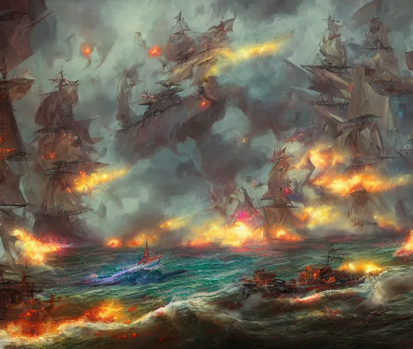 Prompt: Naval epic battle, fantasy concept art, coloful digital painting, highly detailed