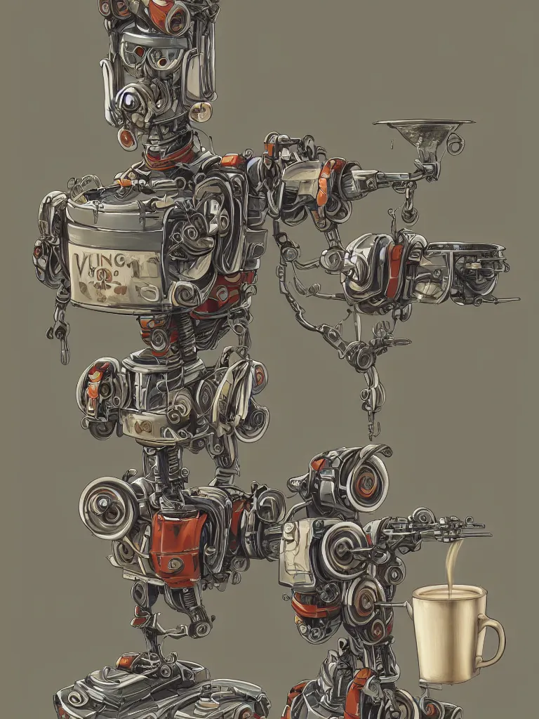 Image similar to full-length portrait of a singular old mechanical robot offering a cup of steaming coffee, by Simon Stalenhaag, sharp focus, fresh colors, deviantart, conceptart