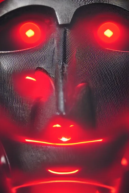 Prompt: closeup shot of a carbon black cyborg, macro shot, dof, cinematic, volumetric lighting, studio shot, red light, 4 k