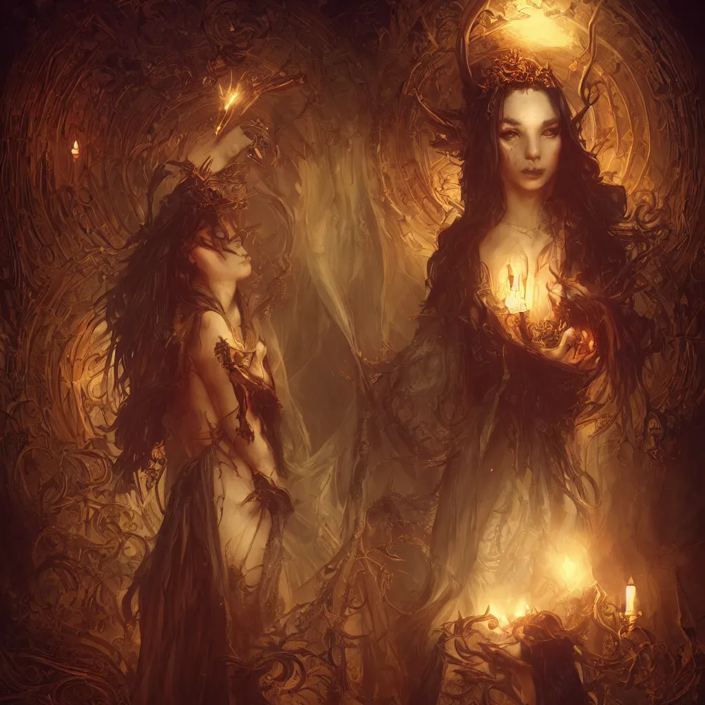 Prompt: Beautiful Evil Necromancer Sorceress, fantasy magic, dramatic lighting, golden hour, close to night, intricate, elegant, sharp focus, illustration, highly detailed, digital painting, concept art, matte, art by WLOP and Artgerm and Greg Rutkowski and Alphonse Mucha, masterpiece