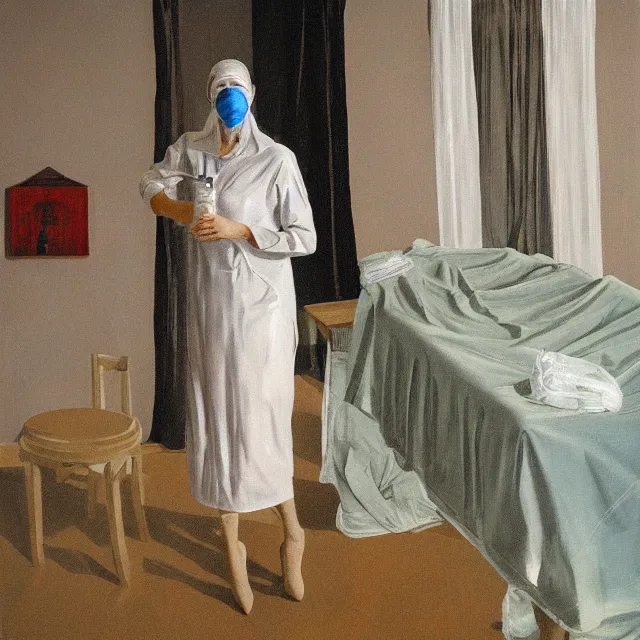Prompt: a tall female pathology student wrapped in chiffon in empty apartment, flood, vines, a river flooding inside, medical supplies, medical mask, syringes, pathology sample test tubes, pigs, plants in a glass vase, water, river, rapids, waterfall, canoe, pomegranate, berries dripping, swans, acrylic on canvas, surrealist, by magritte and monet