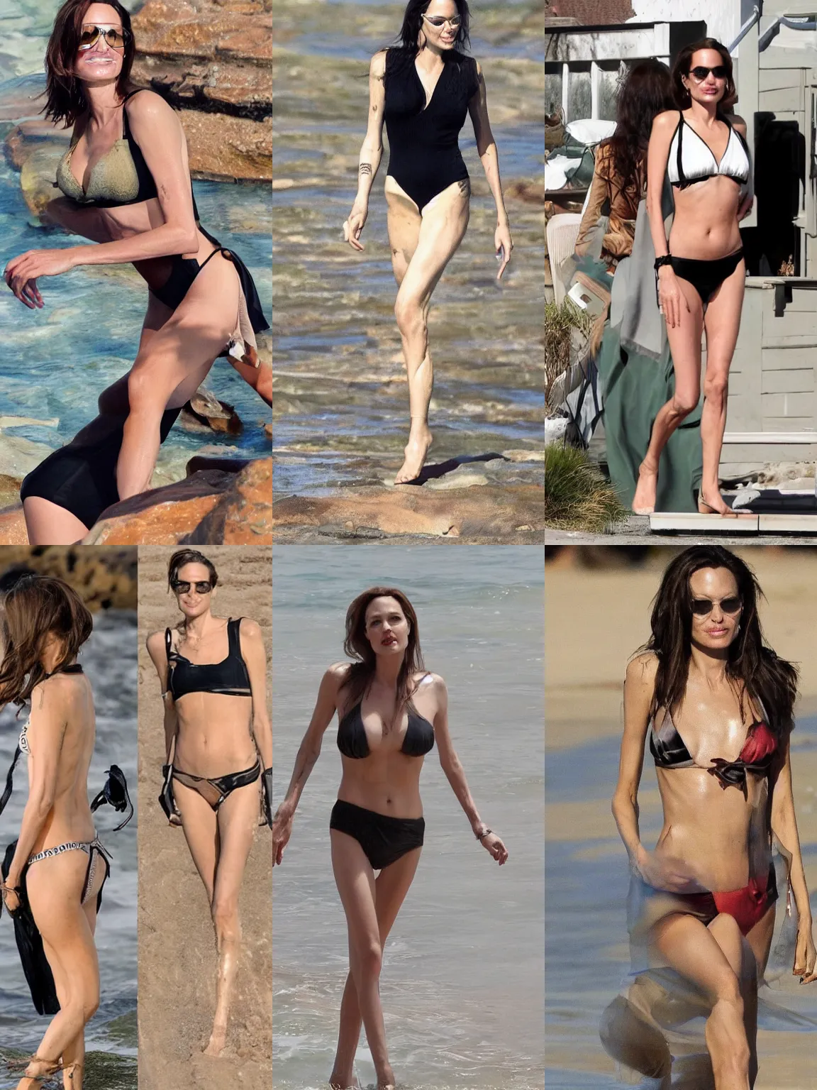 Prompt: Angelina Jolie in microkini. long shot