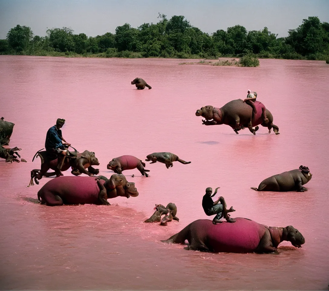 Image similar to a 3 5 mm photography, kodachrome colour of one grandpa riding a hippo in a pink lake, taken by martin parr