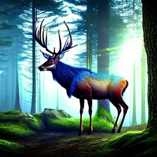 Image similar to beautiful hyper realistic stag. elven, celestial highly detailed magic athmospher. beautiful highly detailed forest background. blue light. sunlight rays throught the trees. intricate, elegant, long shot 8 k rendering.