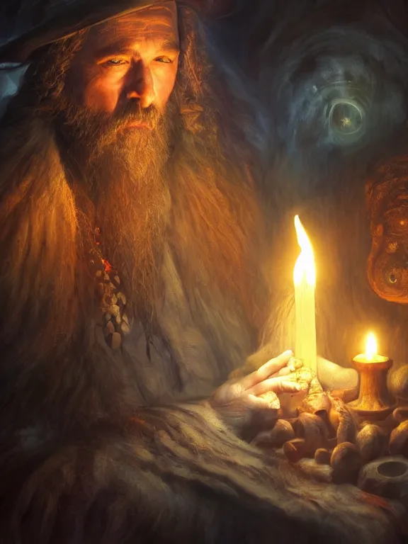 Image similar to fine painting of a wizard from an ancient culture with mushrooms growing from his body, candlelight, 8 k, ultra realistic, lens flare, atmosphere, glow, detailed, intricate, full of colour, cinematic lighting, trending on artstation, 4 k, hyperrealistic, focused, extreme details, unreal engine 5, cinematic, masterpiece