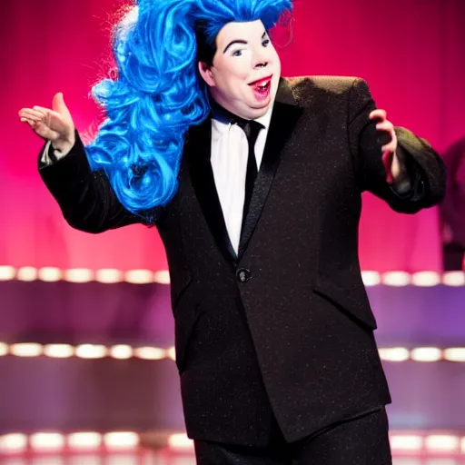 Image similar to Michael mcintyre as a drag queen on a catwalk