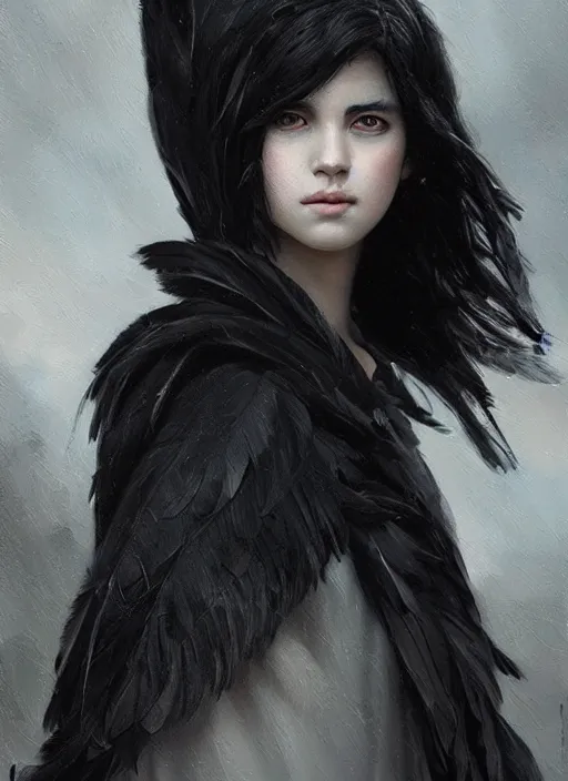 Image similar to a teenage girl with very short black hair and a huge cloak made of grey and black feathers. beautiful highly detailed face. beautiful painting by artgerm and greg rutkowski and raymond swanland