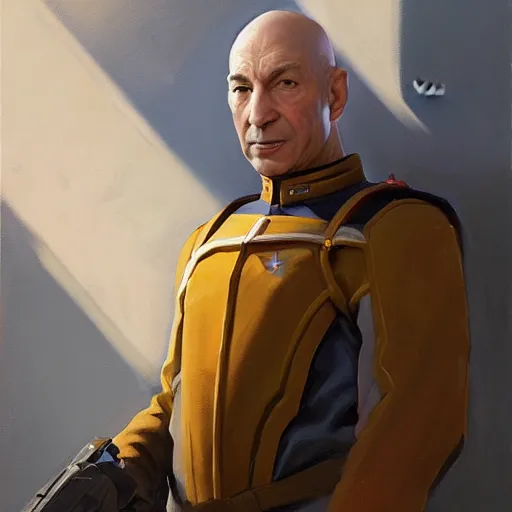 Image similar to greg manchess portrait painting of partially armored jean luc picard as overwatch character, medium shot, asymmetrical, profile picture, organic painting, sunny day, matte painting, bold shapes, hard edges, street art, trending on artstation, by huang guangjian, gil elvgren, ruan jia, greg rutkowski, gaston bussiere