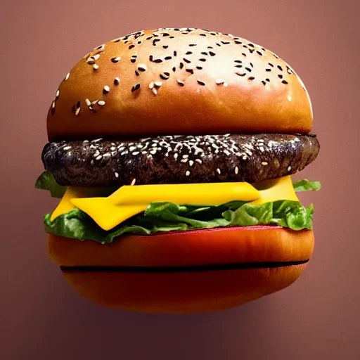 Prompt: a hamburger with a sesame seed bun combined with a man's face. top down view.