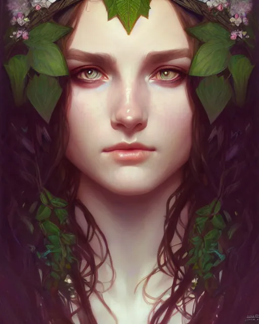 Image similar to beautiful female druid, portrait, fantasy, young, perfect eyes, detailed, intricate, leaves and simple cloth, global lighting, digital art, digital painting, artstation, wlop, sharp focus, illustration, art by artgerm and greg rutkowski and alphonse mucha, 8 k