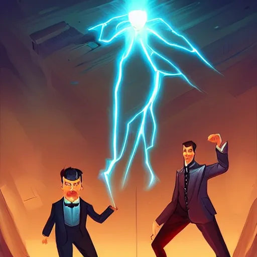Image similar to Nikola Tesla with electric superpowers and Thomas Edison with light superpowers in an epic superhero battle, by MARVEL comics and Cyril Rolando and WLOP, trending on artstation