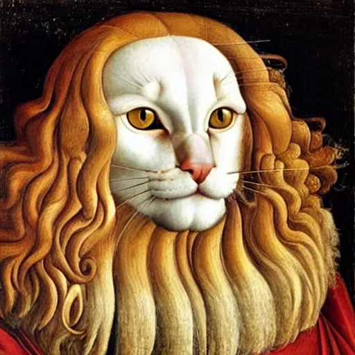 Image similar to beautiful renaissance painting portrait of ginger maine coon with white beard by sandro botticelli, jan van eyck, tiziano vecelli, piero della francesca