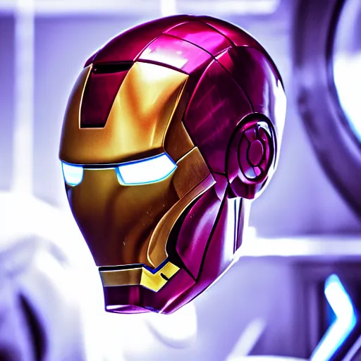 Image similar to Iron man, close up shot, neon, futuristic, photorealistic, 8K, reflection on helmet,