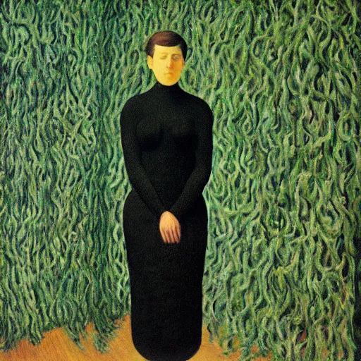 Image similar to portrait an artist in her apartment, wrapped in vines, black walls, puddles, moss, stone, acrylic on canvas, by magritte and monet