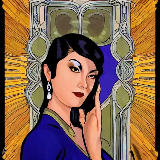 Image similar to an art nouveau, ( streamline moderne ), multi - racial portrait in the style of chanthara. very large, clear, expressive, and intelligent eyes. centered, ultrasharp focus, dramatic lighting, photorealistic digital matte painting, intricate symmetrical ultra detailed background.