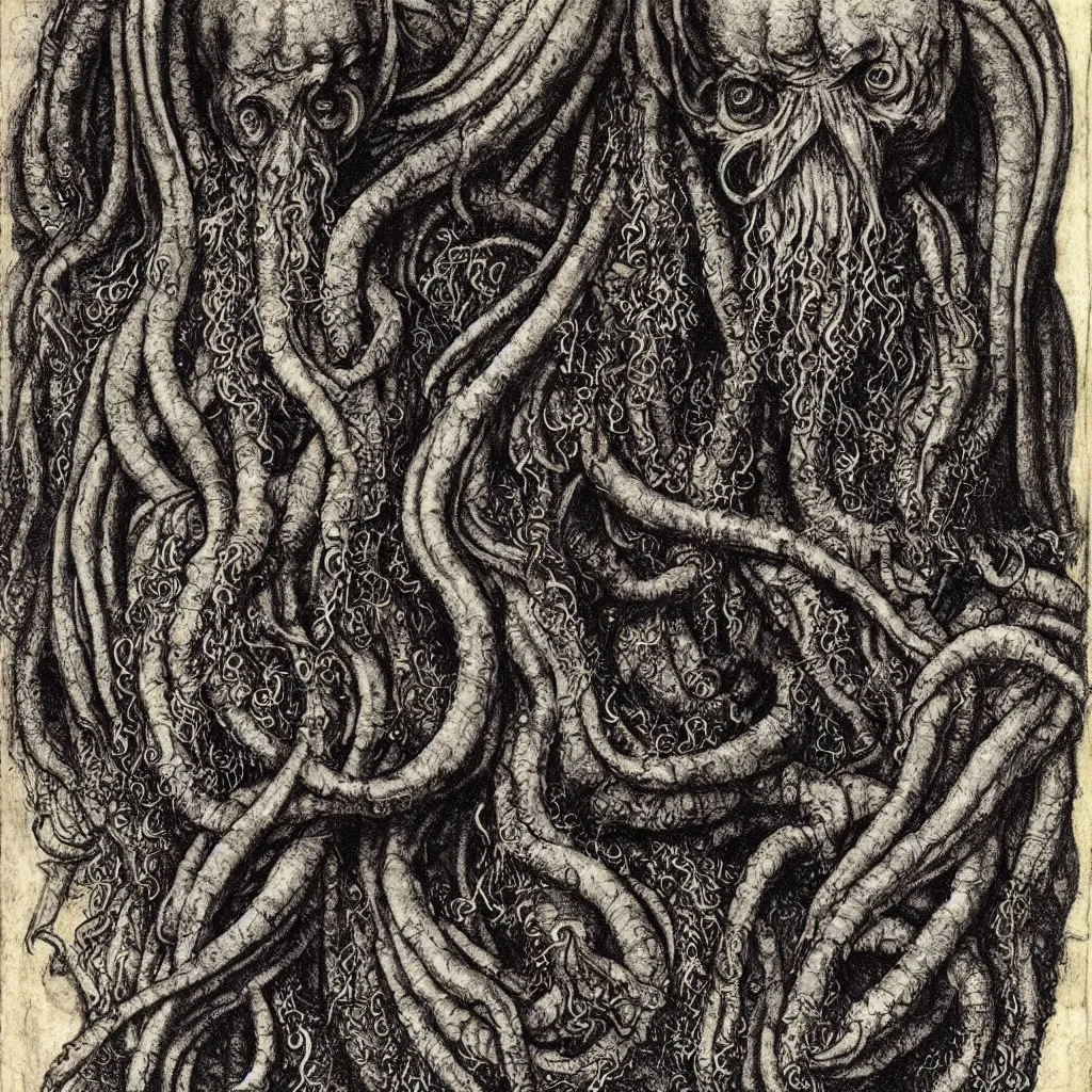 Image similar to portrait of cthulhu, dark atmosphere, faded out colors, highly detailed muted colors, highly detailed illustration by albrecht durer, fine art sketch