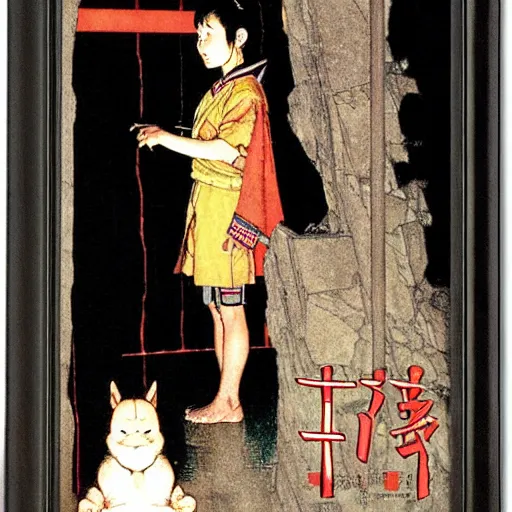 Image similar to Chihiro in a dark temple by Norman Rockwell