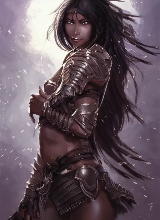 Image similar to beautiful warrior lady, black long hair, practical armor, brown skin, demonic eyes, low fantasy, extremely detailed, sharp focus, smooth, digital illustration, by rossdraws, frank franzzeta, sakimichan