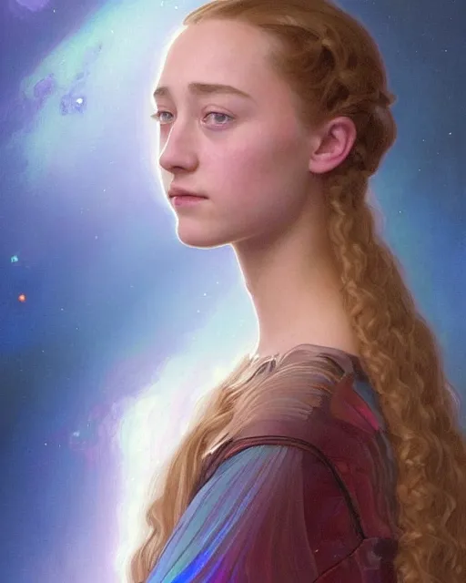 Image similar to a portrait painting of a shy, blushing 1 6 - year old alicia vikander or saoirse ronan as a space princess, backlit, wearing a futuristic translucent iridescent plastic space suit, elegant, highly detailed, artstation, concept art, by krenz cushart and donato giancola and william adolph bouguereau and alphonse mucha