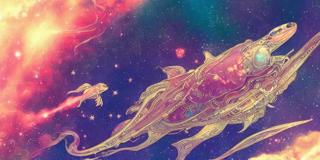 Prompt: !dream highly detailed digital of aquatic animals swimming in space, colorful nebulas , planets in the background, highly detailed, intricate design, cinematic view, 8k resolution, artstation, by Akihiko Yoshida, Alphonse Mucha, Moebius, Krenz Cushart