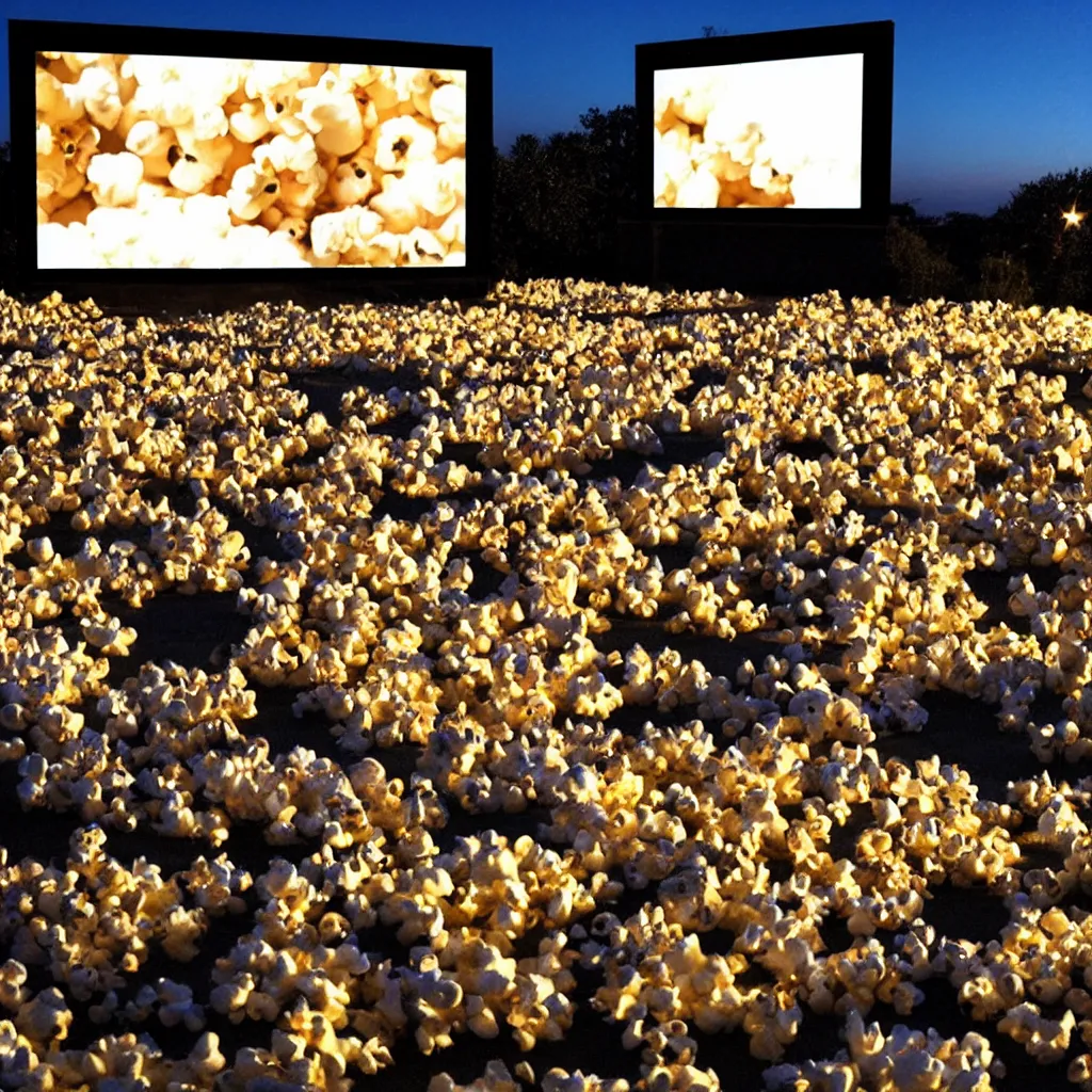 Image similar to outdoor cinema screen with giant popcorn kernels at night symmetrical rule of thirds