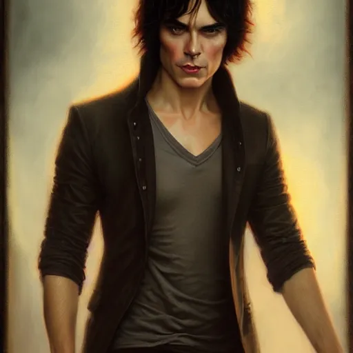 Image similar to attractive damon salvatore. highly detailed painting by tom bagshaw 8 k