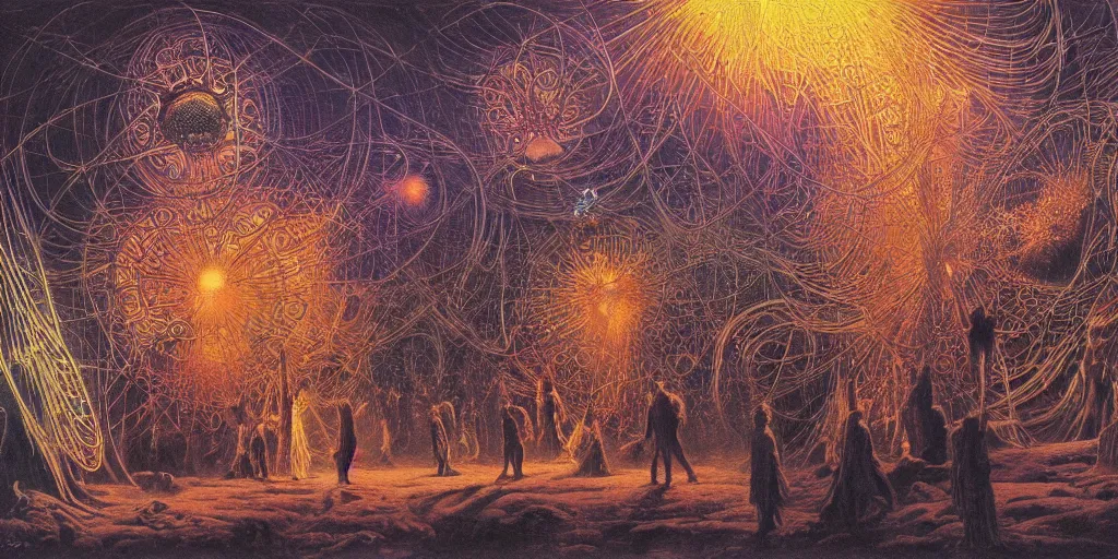 Prompt: a multiverse interpretation of a single scene with people, quantum physics, neon explosion of light, zdzislaw beksinski, by ernst haeckel, 8 k concept art, incredible masterpiece, anime illustration of a cinema, cinematic scene, viewers and directors, a futuristic theatre