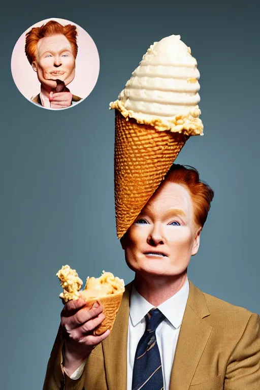 Image similar to 📷 conan o'brien the ice - cream cone 🍦, made of food, portrait still image, dynamic lighting, 4 k