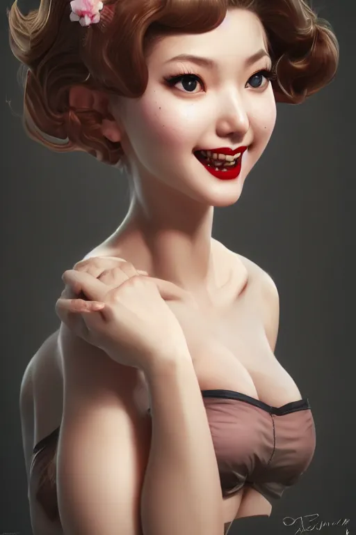 Prompt: a pin up and beautiful fashion and dreamlke girl, charming smile, by artgerm lau, & jeehyung lee & wlop, hyperdetailed, 8 k realistic, symmetrical, frostbite 3 engine, cryengine, dof, trending on artstation, trending on deviantart