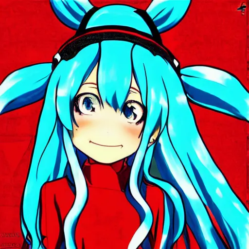 Image similar to art of the Hatsune Miku in the style of Soviet posters, trending on pixiv