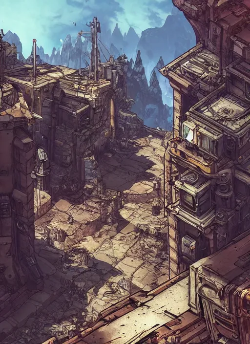 Image similar to Borderlands 2 , Dynamic lighting, cinematic, establishing shot, extremely high detail, photo realistic, cinematic lighting, pen and ink, intricate line drawings, post processed, concept art, artstation, matte painting, style by Raphael Lacoste, Eddie Mendoza, Q Hayashida