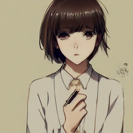 Image similar to portrait of a girl with short brown hair, wearing a white blouse and black choker, smoking a cigarette, drawn by WLOP, by Avetetsuya Studios, attractive character, colored sketch anime manga panel, unsaturated, dull colors, trending on Artstation